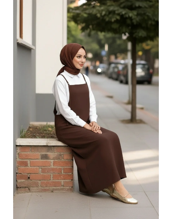 Kadın Acı Kahverengi Basic Ayarlanabilir Askılı Jile Elbise