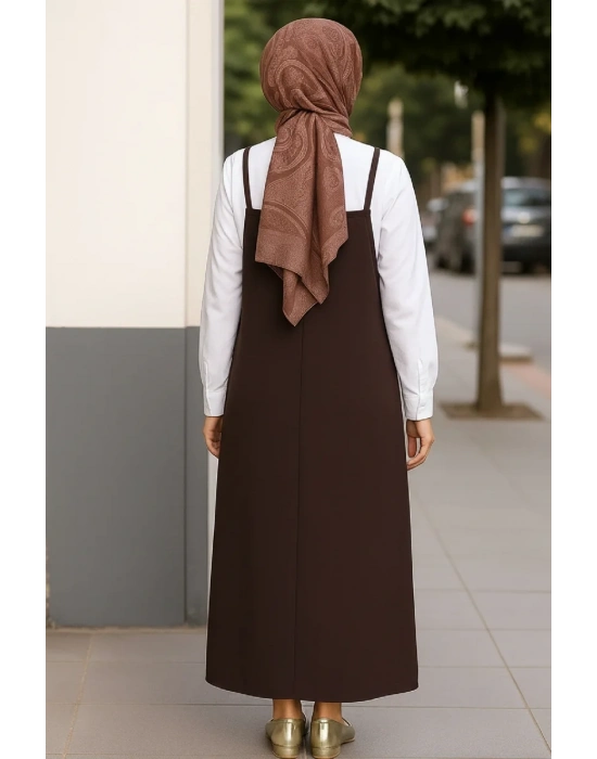 Kadın Acı Kahverengi Basic Ayarlanabilir Askılı Jile Elbise