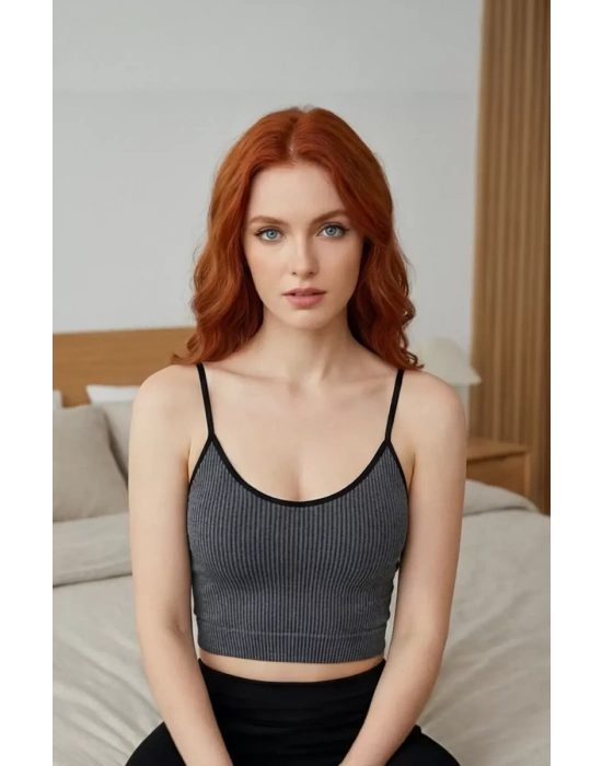 Kadın Anstrasit Gri İp Askılı Crop Top Bluz