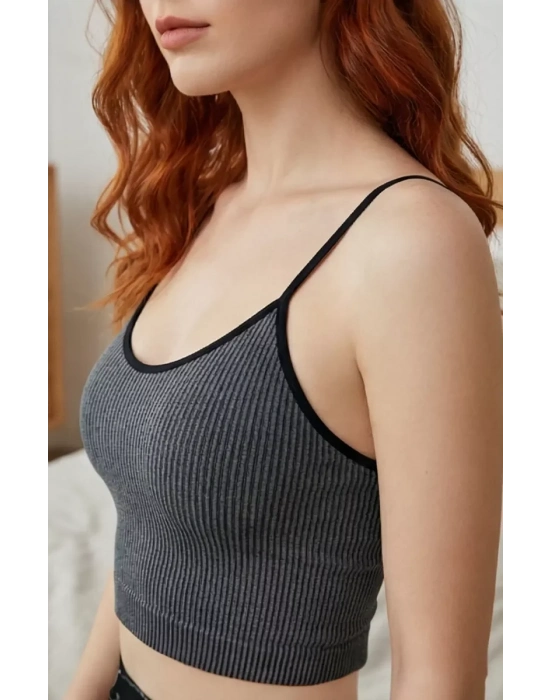 Kadın Anstrasit Gri İp Askılı Crop Top Bluz