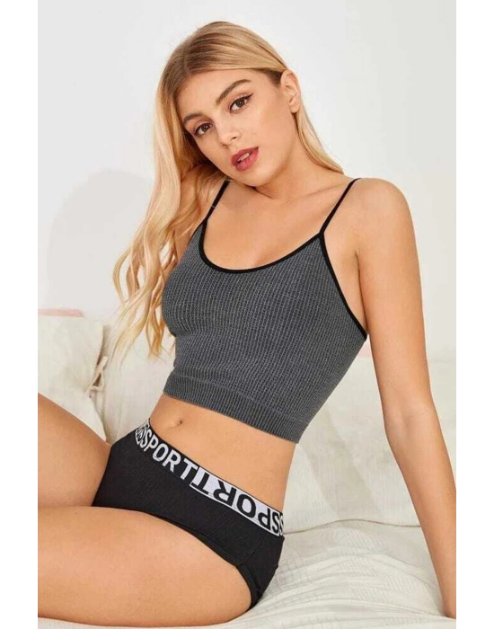 Kadın Anstrasit Gri İp Askılı Crop Top Bluz