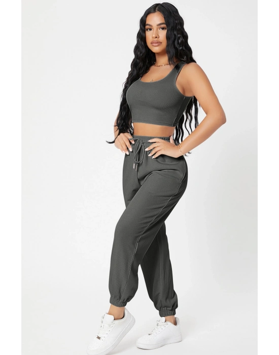 Kadın Antrasit Gri Kaşkorse Cepli Jogger Eşofman Altı ve Crop Top Bluz