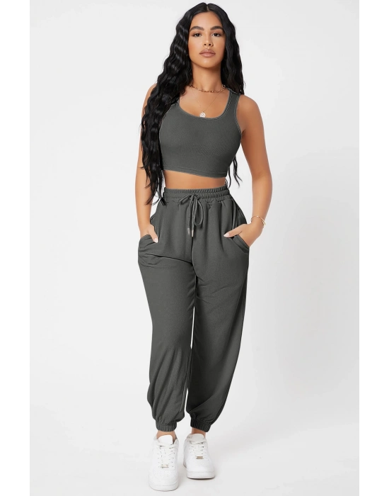 Kadın Antrasit Gri Kaşkorse Cepli Jogger Eşofman Altı ve Crop Top Bluz