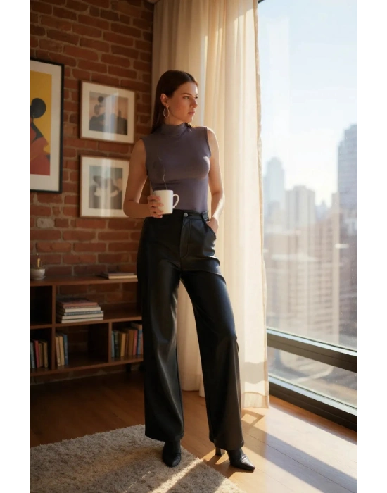 Kadın Antrasit Gri Kolsuz Balıkçı Yaka Basic Bluz