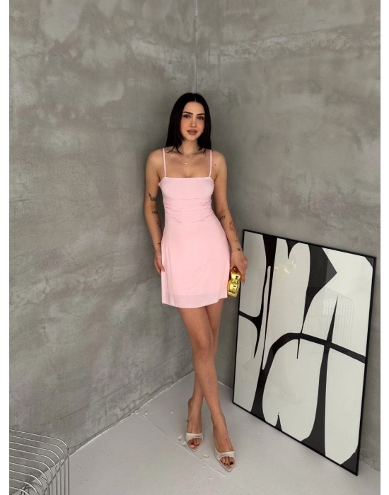Kadın Askılı Şifon Mini Elbise Drapeli Bel Vücuda Oturan Yazlık Şık - Pembe