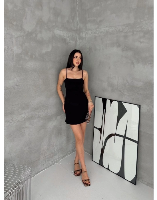 Kadın Askılı Şifon Mini Elbise Drapeli Bel Vücuda Oturan Yazlık Şık - Siyah