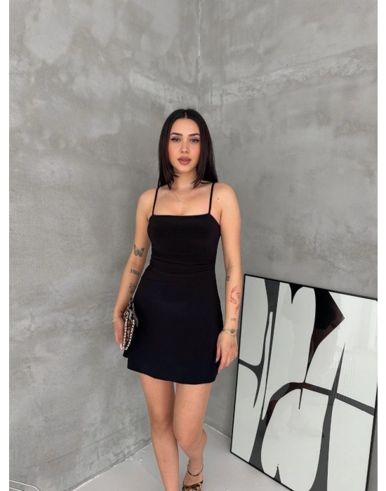 Kadın Askılı Şifon Mini Elbise Drapeli Bel Vücuda Oturan Yazlık Şık - Siyah