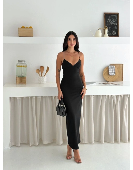 Kadın Askılı Uzun Elbise V Yaka Şık Gece Elbisesi Vücuda Oturan - Siyah