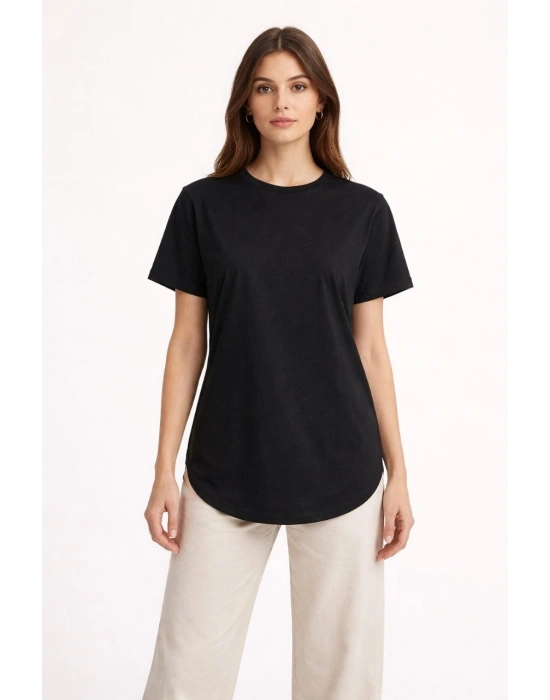 Kadın Basic T-Shirt Kısa Kol Bisiklet Yaka Oval Kesim Tişört - Siyah