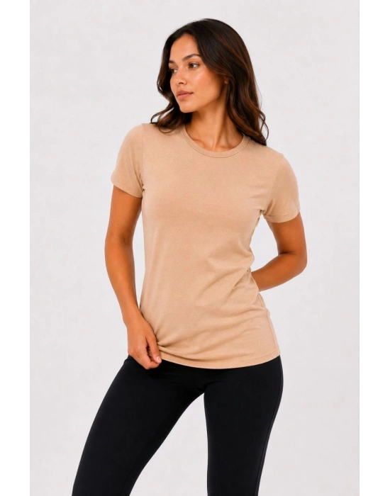 Kadın Basic Tişört Bisiklet Yaka Kısa Kol Günlük Yazlık Slim fit T-Shirt - Bej