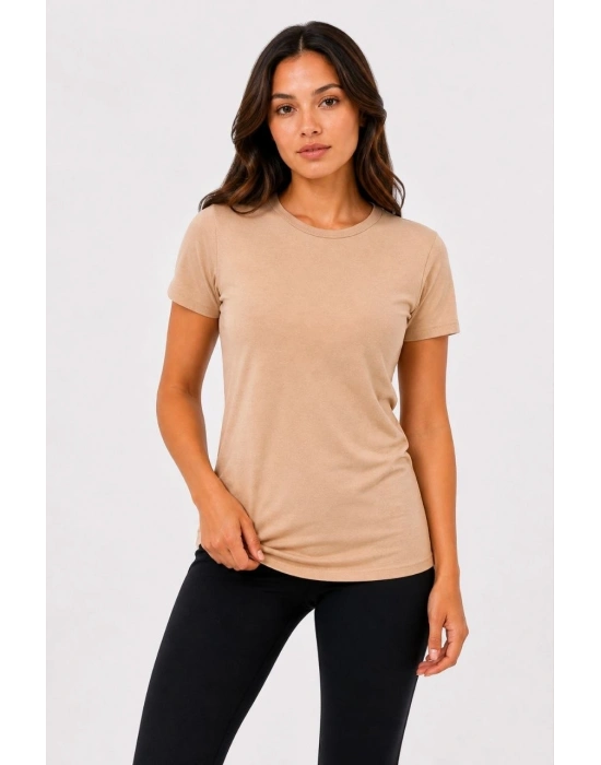 Kadın Basic Tişört Bisiklet Yaka Kısa Kol Günlük Yazlık Slim fit T-Shirt - Bej