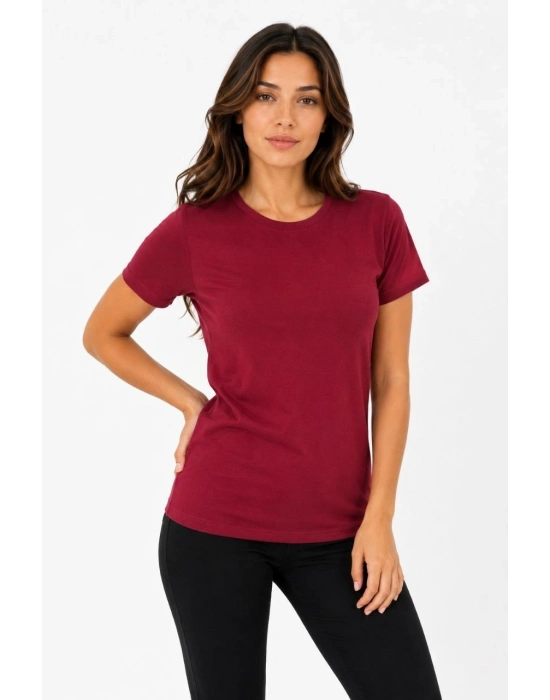 Kadın Basic Tişört Bisiklet Yaka Kısa Kol Günlük Yazlık Slim fit T-Shirt - Bordo