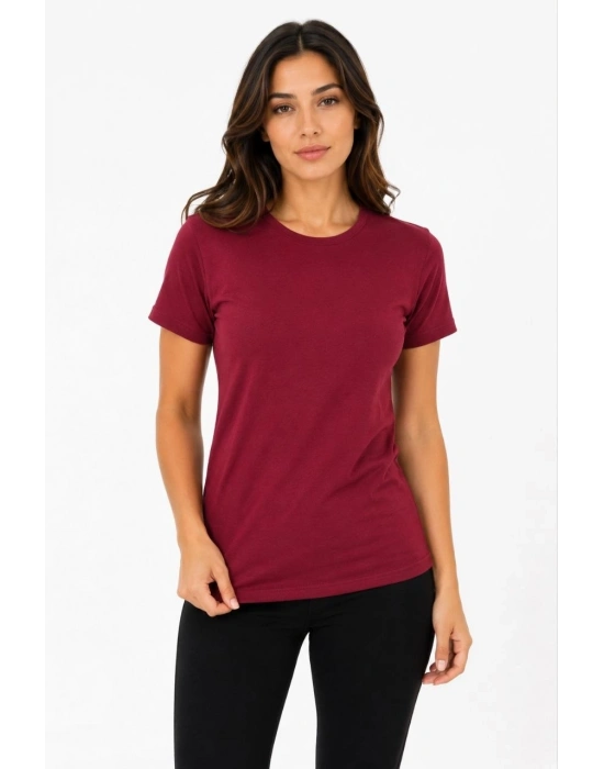 Kadın Basic Tişört Bisiklet Yaka Kısa Kol Günlük Yazlık Slim fit T-Shirt - Bordo