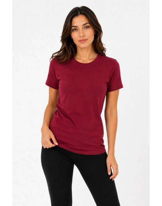 Kadın Basic Tişört Bisiklet Yaka Kısa Kol Günlük Yazlık Slim fit T-Shirt - Bordo