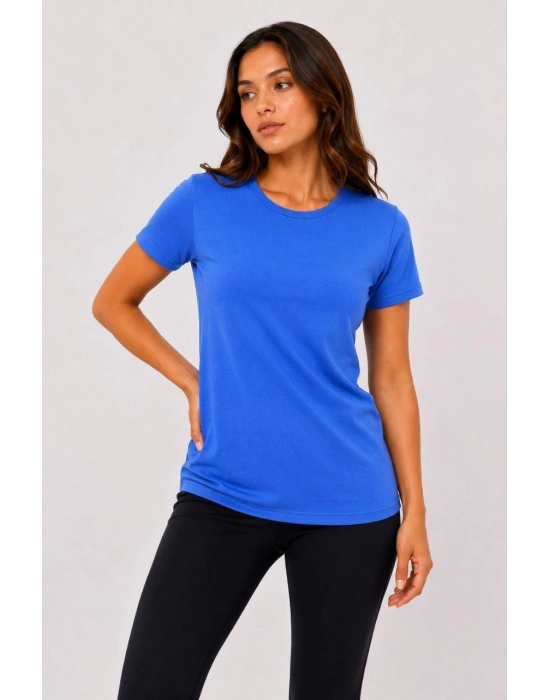 Kadın Basic Tişört Bisiklet Yaka Kısa Kol Günlük Yazlık Slim fit T-Shirt - Mavi
