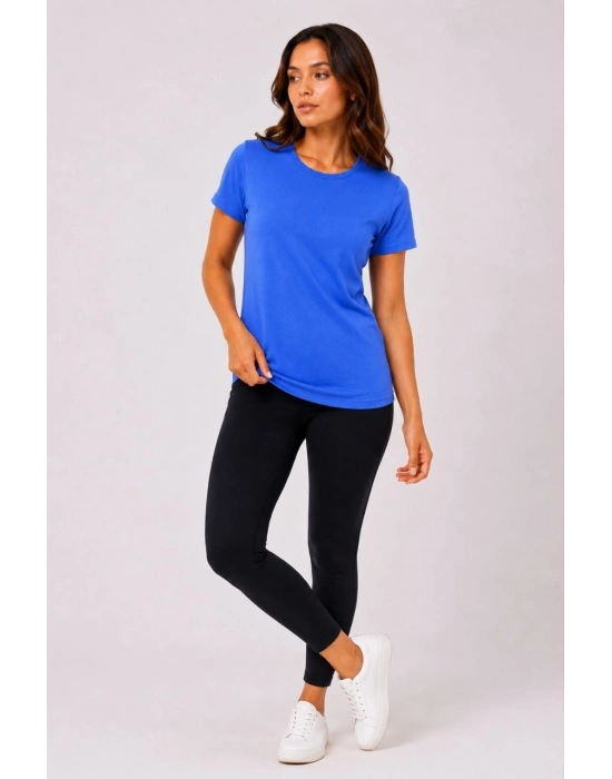 Kadın Basic Tişört Bisiklet Yaka Kısa Kol Günlük Yazlık Slim fit T-Shirt - Mavi