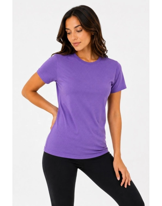Kadın Basic Tişört Bisiklet Yaka Kısa Kol Günlük Yazlık Slim fit T-Shirt - Mor