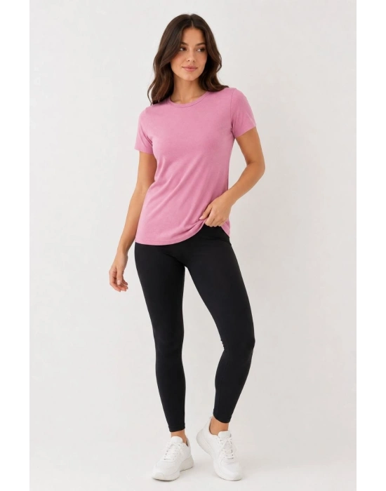 Kadın Basic Tişört Bisiklet Yaka Kısa Kol Günlük Yazlık Slim fit T-Shirt - Pembe