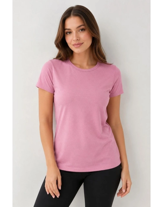 Kadın Basic Tişört Bisiklet Yaka Kısa Kol Günlük Yazlık Slim fit T-Shirt - Pembe