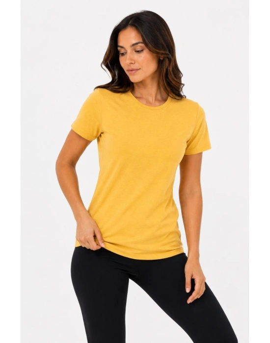 Kadın Basic Tişört Bisiklet Yaka Kısa Kol Günlük Yazlık Slim fit T-Shirt - Sarı