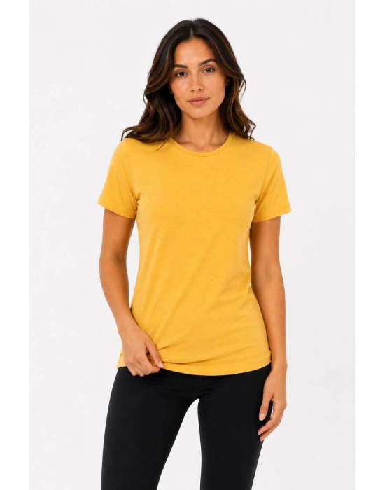 Kadın Basic Tişört Bisiklet Yaka Kısa Kol Günlük Yazlık Slim fit T-Shirt - Sarı