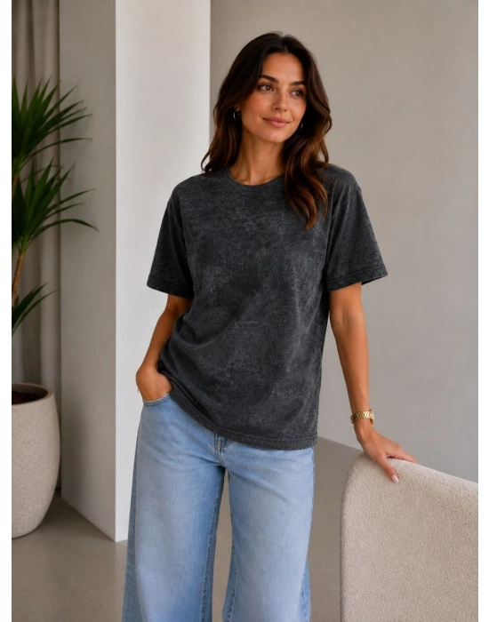 Kadın Batik Desenli Tişört Bisiklet Yaka Kısa Kol Regular Fit T-shirt - Siyah