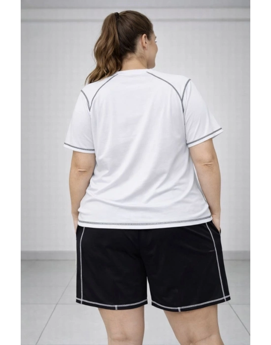Kadın Battal Beden Kısa Kollu Tişört Şort Takım Kontrast Dikiş Detaylı Günlük Ev Giyimi - Beyaz