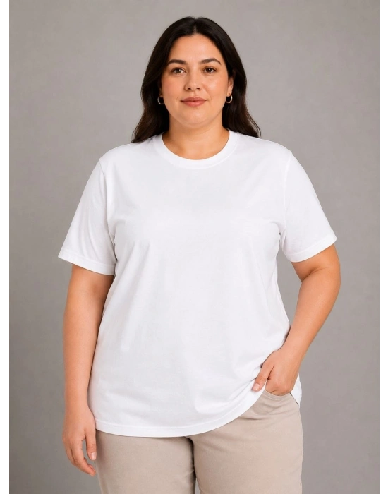 Kadın Battal Big Size Basic Tişört Bisiklet Yaka Rahat Kalıp T-Shirt - Beyaz