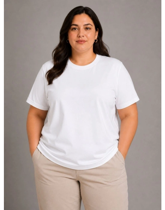 Kadın Battal Big Size Basic Tişört Bisiklet Yaka Rahat Kalıp T-Shirt - Beyaz