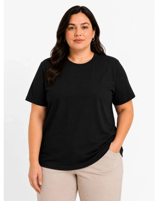 Kadın Battal Big Size Basic Tişört Bisiklet Yaka Rahat Kalıp T-Shirt - Siyah