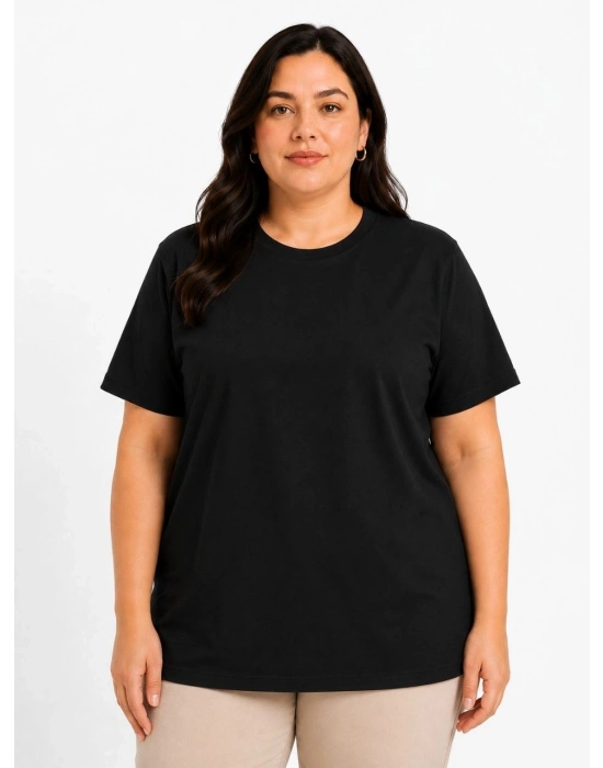 Kadın Battal Big Size Basic Tişört Bisiklet Yaka Rahat Kalıp T-Shirt - Siyah