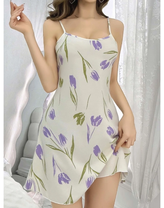 Kadın Beyaz Çiçekli Desenli Askılı Gecelik 5109