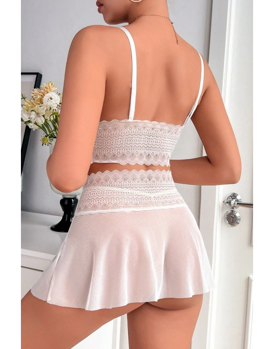 Kadın Beyaz Dantel ve Tül Detaylı Etekli Şık Gecelik Takımı