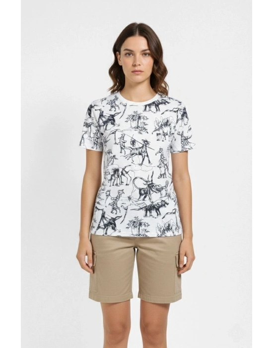 Kadın Beyaz Dinozor Desenli Tişört – Regular Kalıp, Bisiklet Yaka, Dijital Baskılı Pamuklu T-Shirt - Beyaz