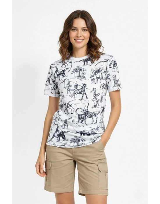 Kadın Beyaz Dinozor Desenli Tişört – Regular Kalıp, Bisiklet Yaka, Dijital Baskılı Pamuklu T-Shirt - Beyaz