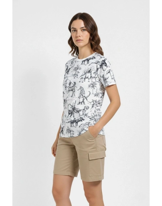 Kadın Beyaz Dinozor Desenli Tişört – Regular Kalıp, Bisiklet Yaka, Dijital Baskılı Pamuklu T-Shirt - Beyaz