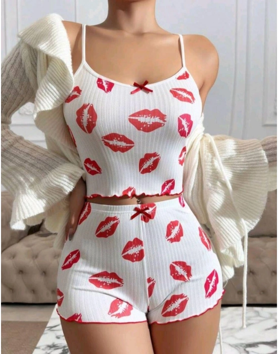 Kadın Beyaz Dudak Desenli Seksi Gecelik Takım 5021