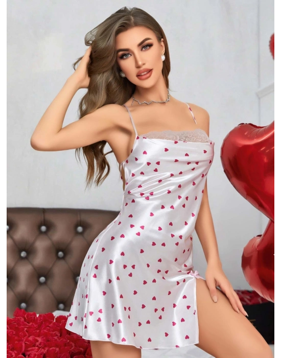 Kadın Beyaz Fuşya Kalp Desenli saten Gecelik 2219