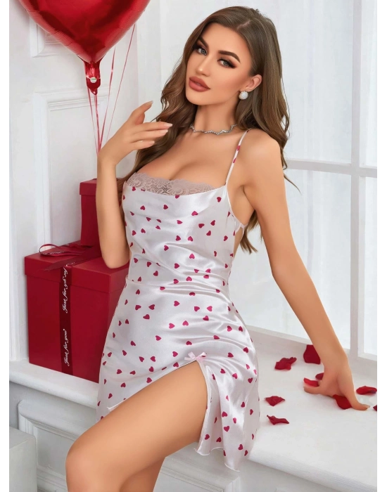 Kadın Beyaz Fuşya Kalp Desenli saten Gecelik 2219