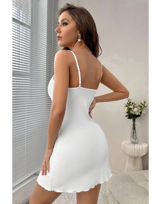 Kadın Beyaz Göğüs Dantel İşlemeli Fitilli Kumaş Şık Gecelik