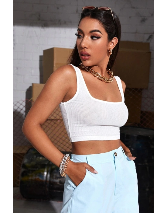 Kadın Beyaz Kalın Askılı Crop Top Büstiyer – Modern ve Şık Tasarım