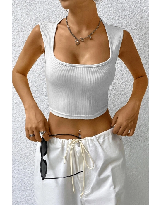 Kadın Beyaz Kare Yaka Kalınlaşan Omuz Detaylı Crop Top Bluz