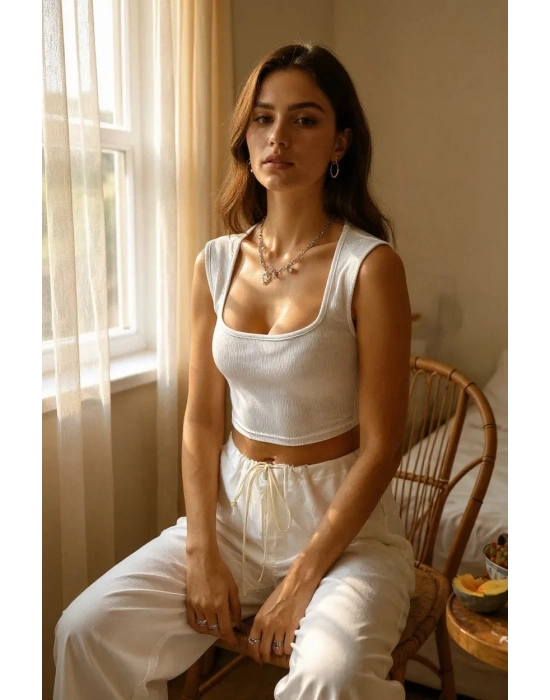 Kadın Beyaz Kare Yaka Kalınlaşan Omuz Detaylı Crop Top Bluz – Şık, Rahat ve Kolay Kombinlenebilir