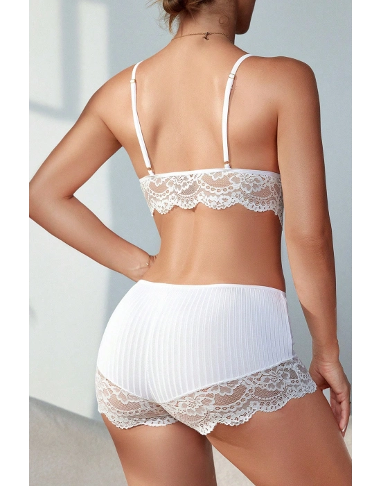 Kadın Beyaz Kaşkorse ve Dantel Detaylı Şortlu Gecelik Takım