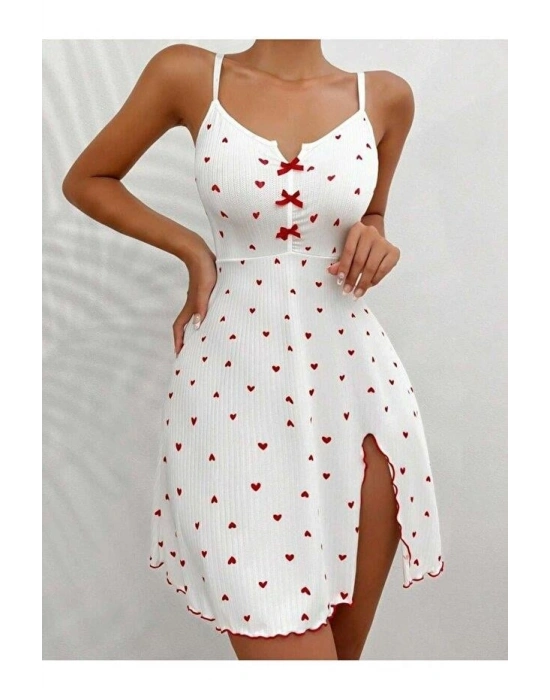 Kadın Beyaz Kırmızı Kalp Desenli Askılı  Elbise 5066