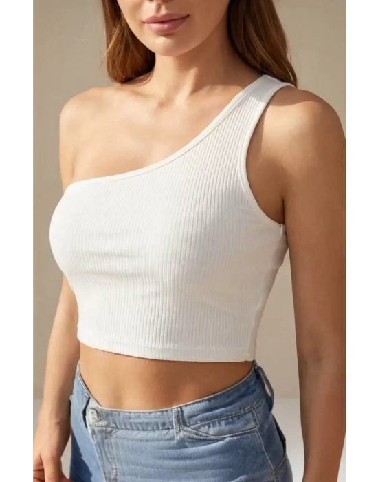 Kadın Beyaz Tek Omuz Crop Büstiyer – Modern ve Şık Tasarım