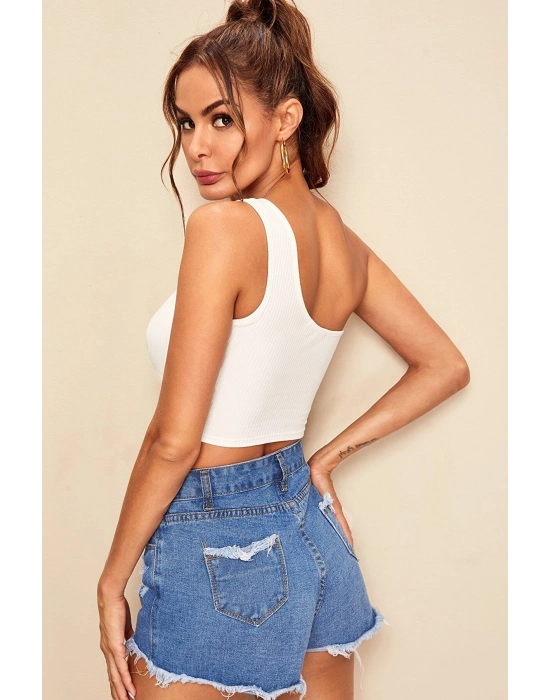 Kadın Beyaz Tek Omuz Crop Büstiyer – Modern ve Şık Tasarım