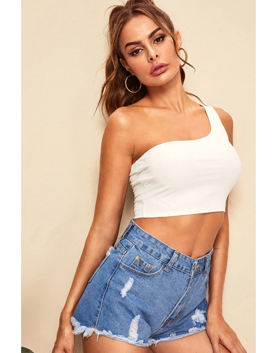 Kadın Beyaz Tek Omuz Crop Büstiyer – Modern ve Şık Tasarım