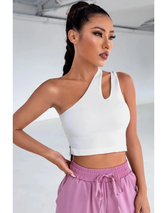 Kadın Beyaz Tek Omuz Cut Out Detaylı Crop Top Bluz