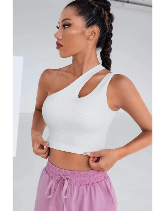 Kadın Beyaz Tek Omuz Cut Out Detaylı Crop Top Bluz